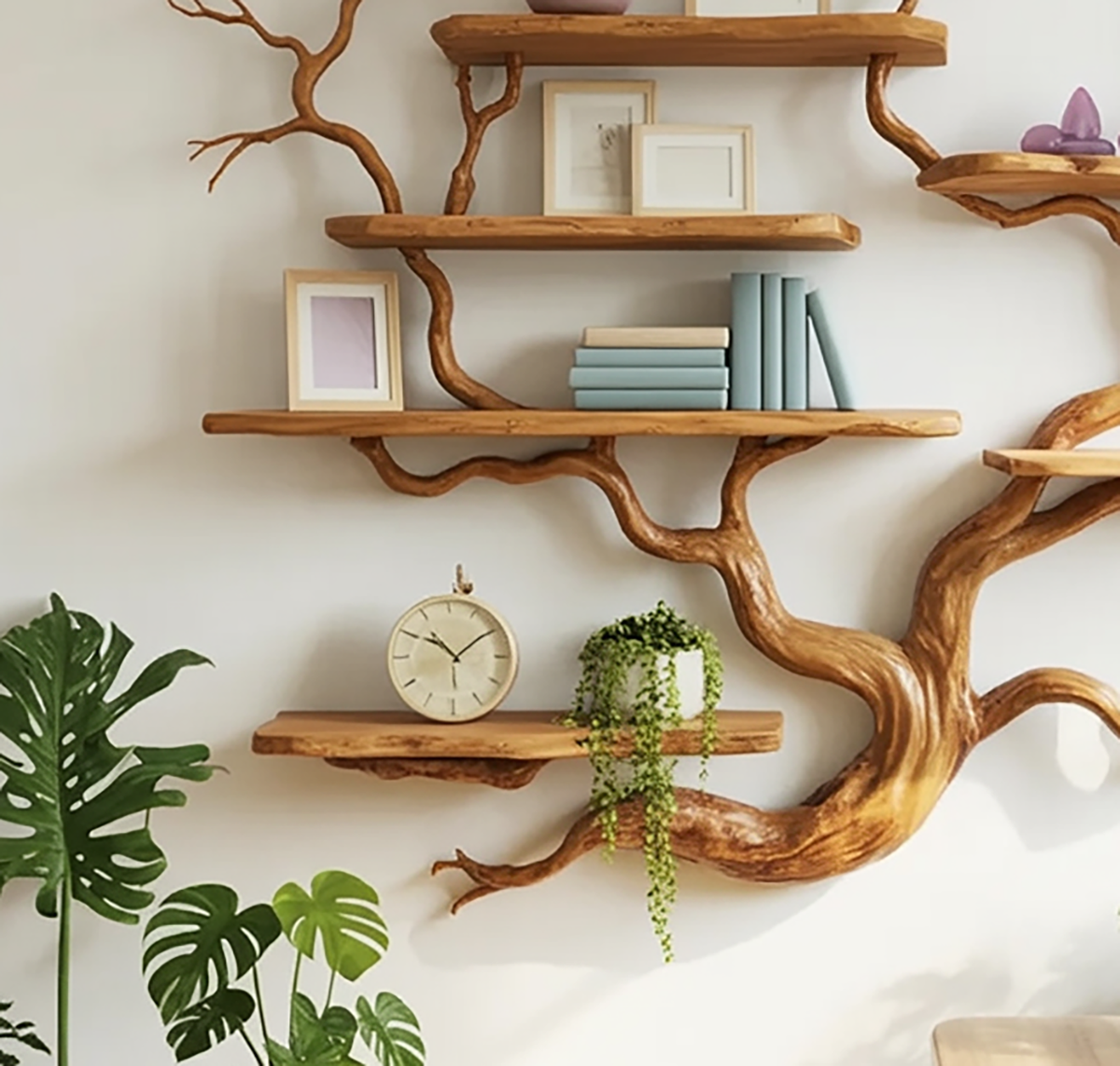 Wall tree bookshelf with empty picture frames and a clock above a desk