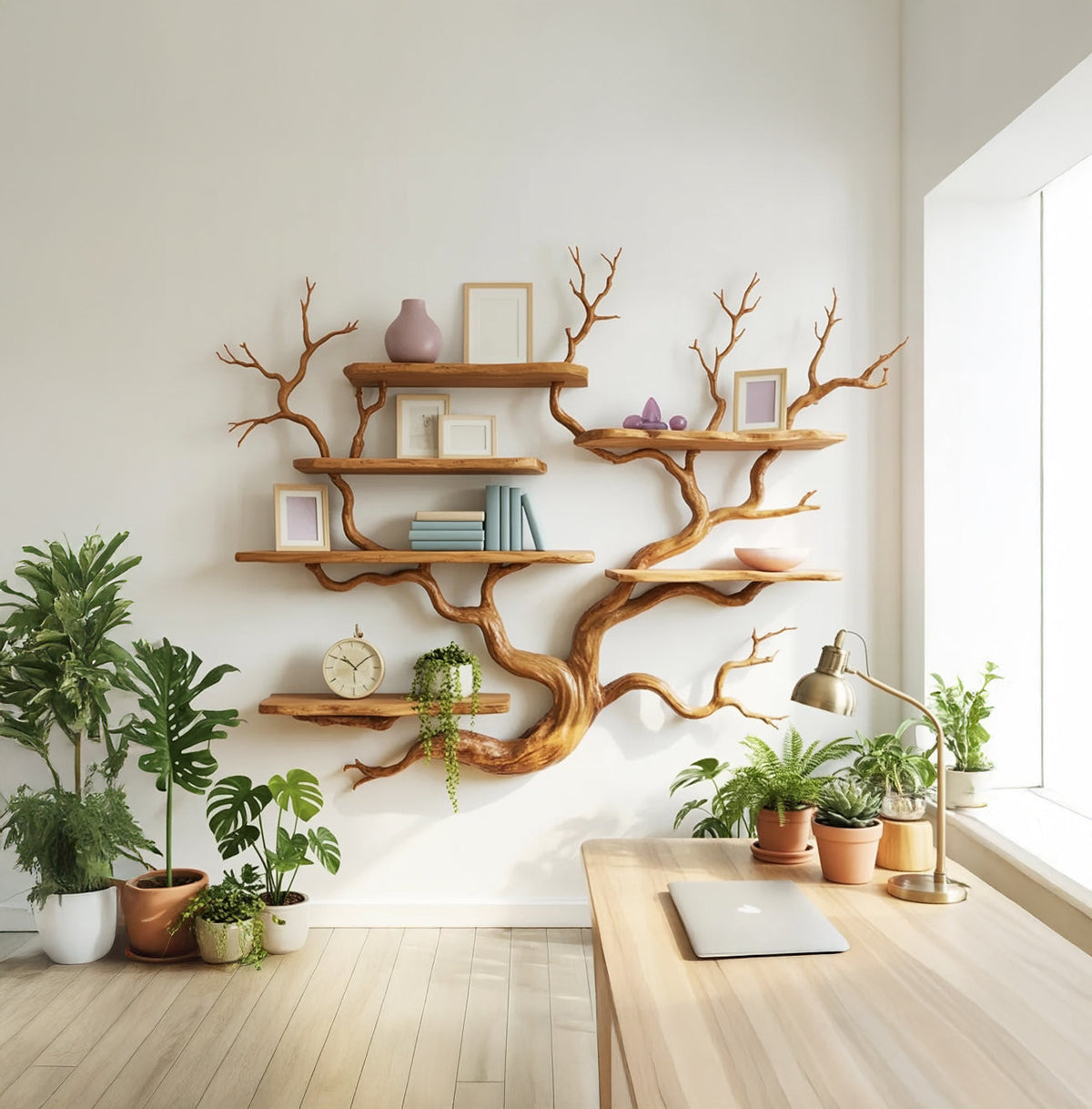 Solid wood tree bookshelf styled above a workspace desk with a lamp