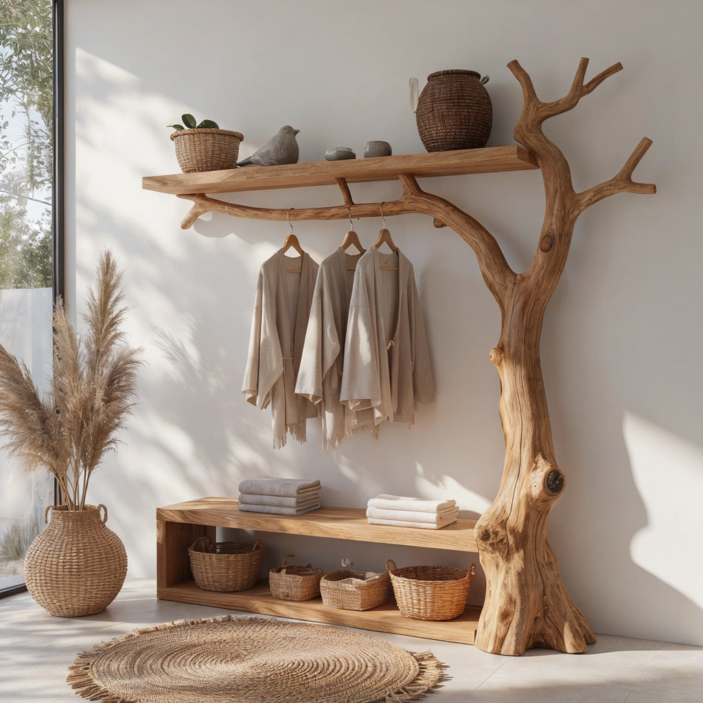 Sculptural tree branch coat rack with entryway bench in solid wood
