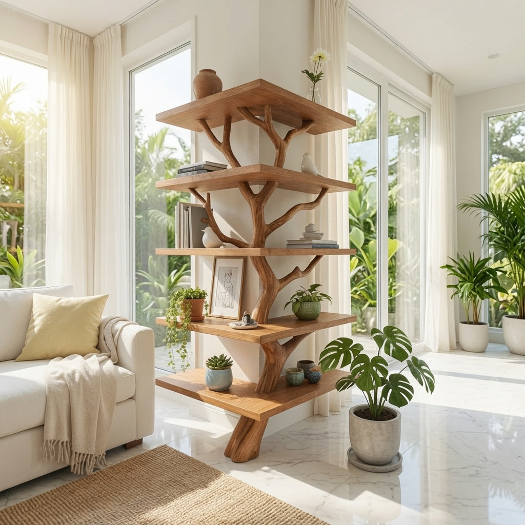 Sculptural tree branch corner shelf in solid wood