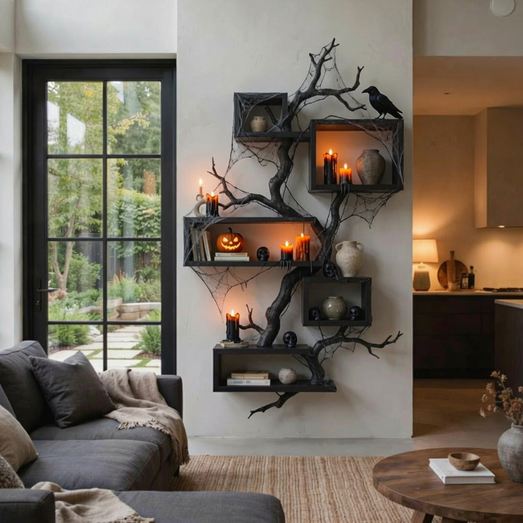 Organic modern tree shelf crafted from natural hardwood