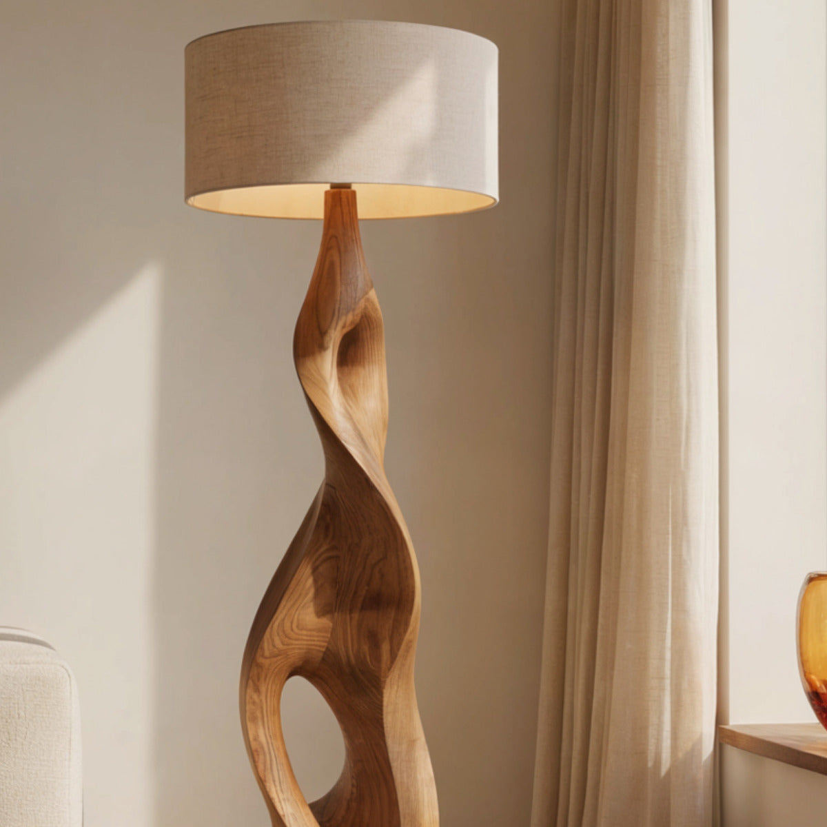 Artistic sculptural wood floor lamp with organic design