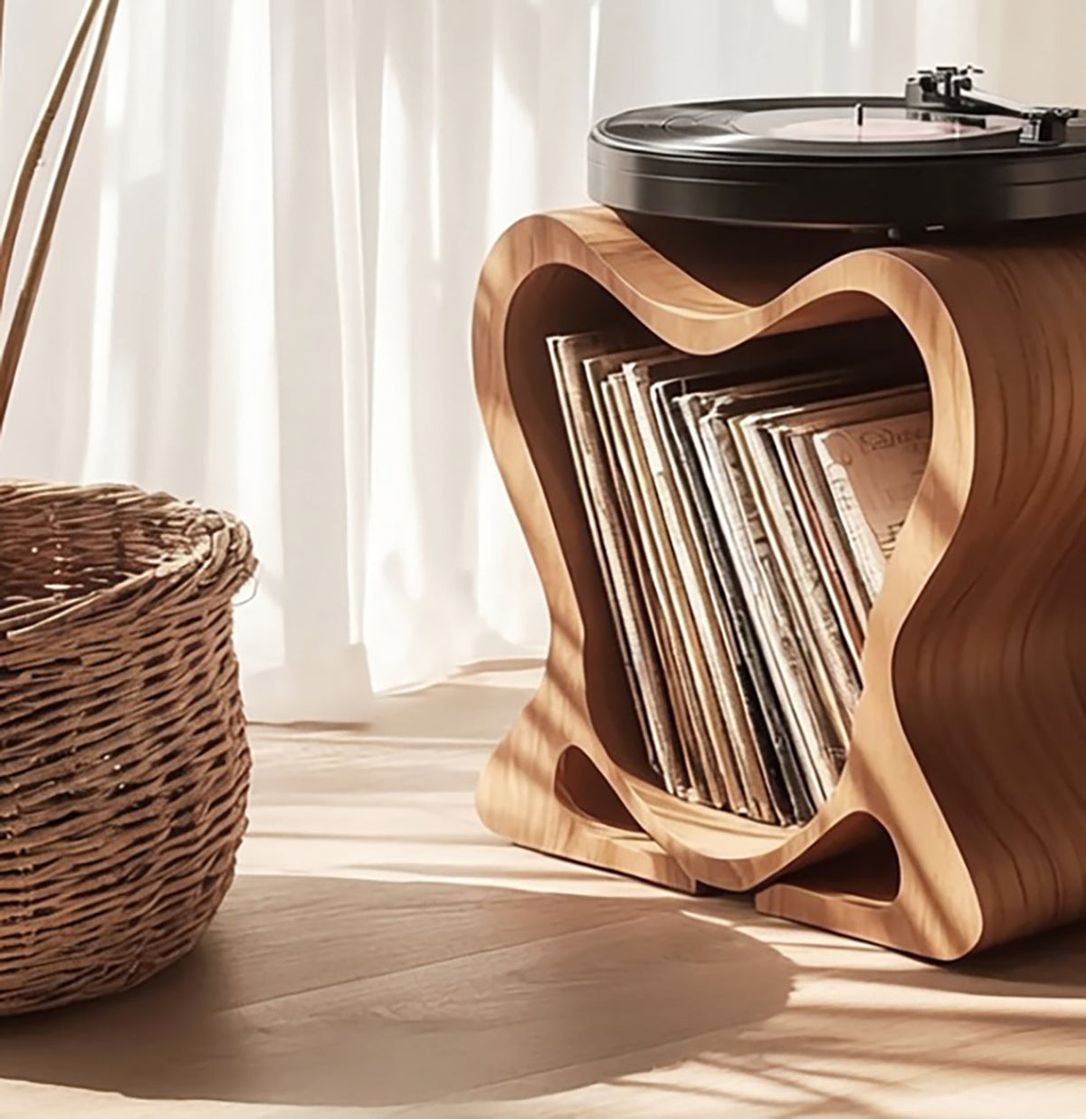 Compact corner record player stand made of natural curved wood