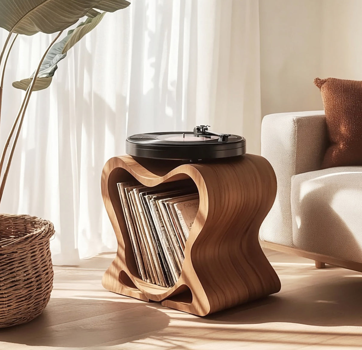 Compact corner record player stand made of natural curved wood