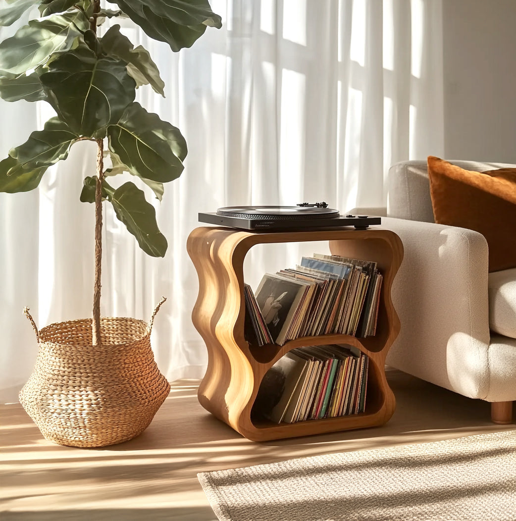 Wavy solid wood record player table with dual-tier vinyl storage in a sunlit Japandi living room