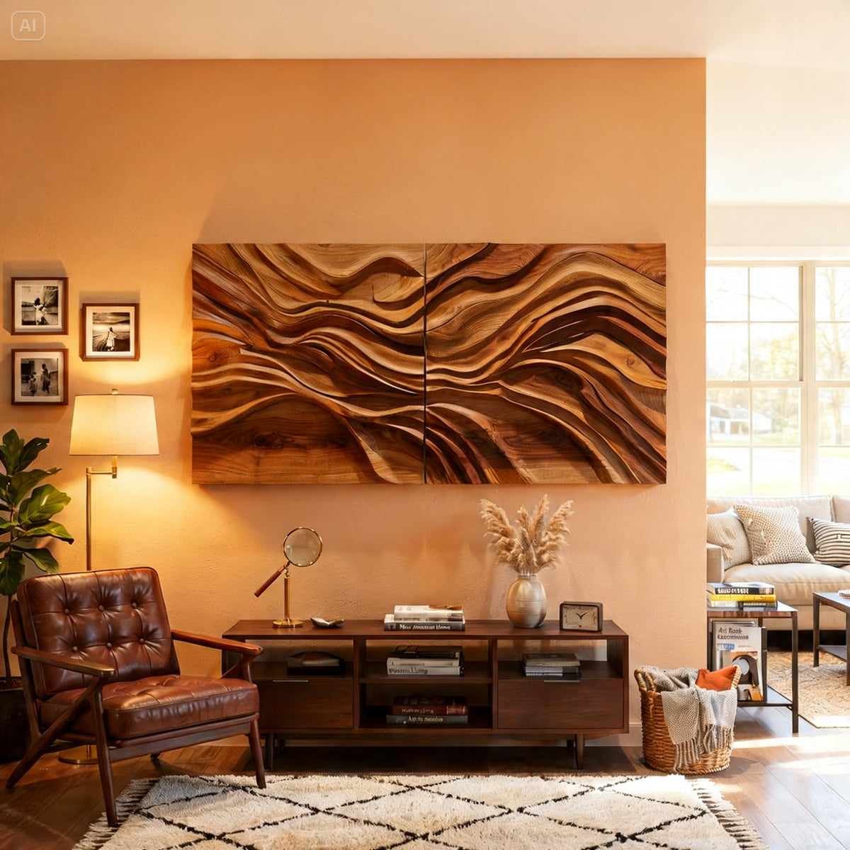 Modern abstract wood wall décor creating a statement in a luxury living space