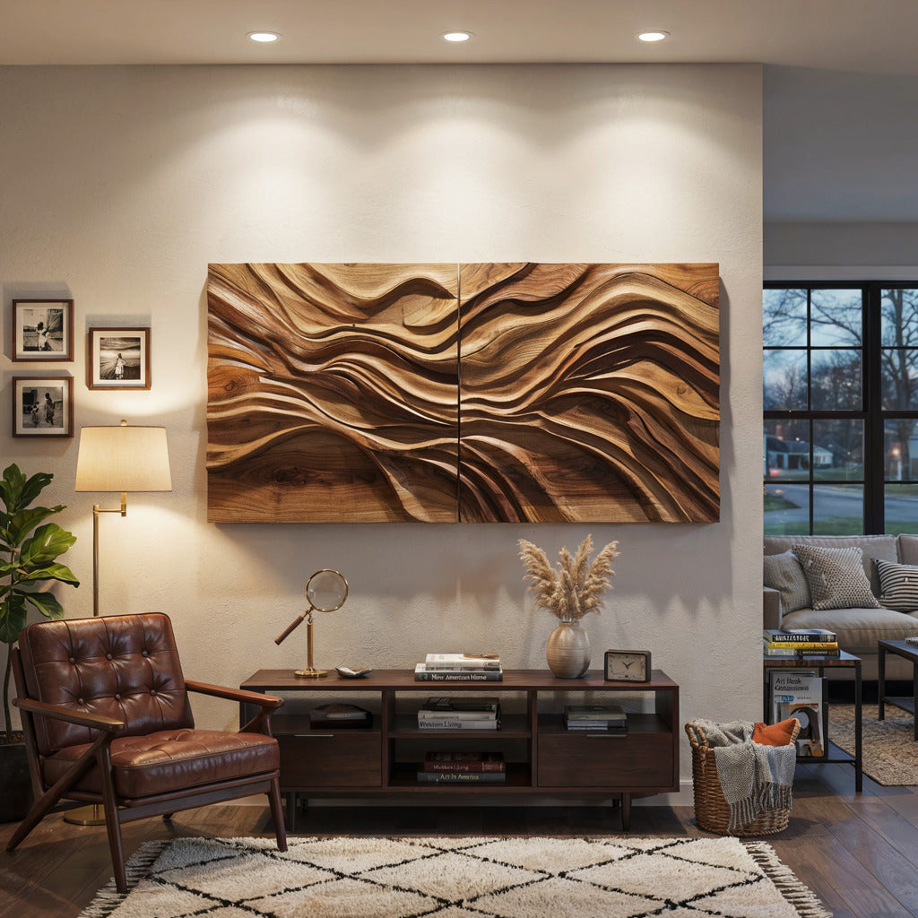 Sculptural flowing wall art in solid wood