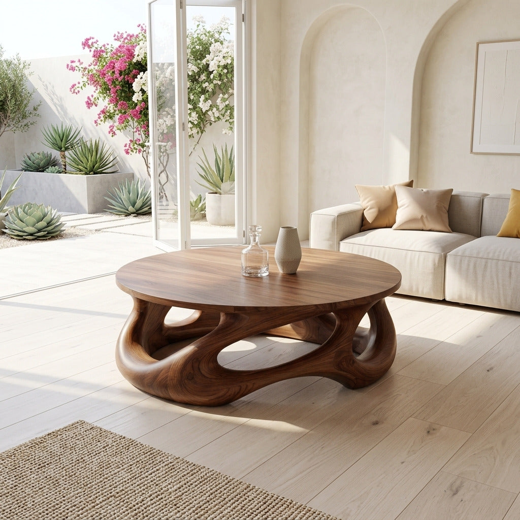 Sculptural round wood coffee table beside a contemporary sofa