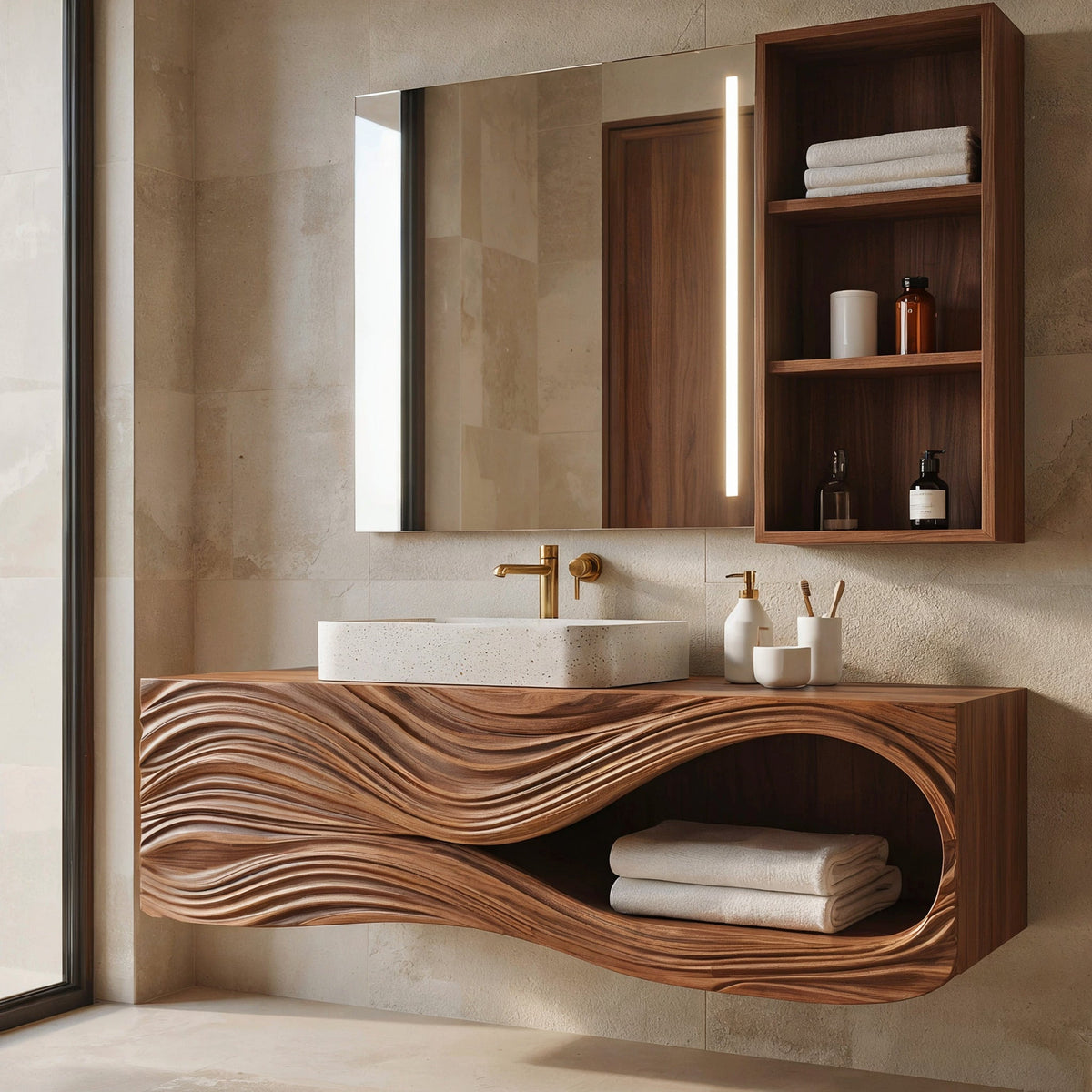 Artisan wave carved bathroom vanity adding warmth to a minimalist bathroom