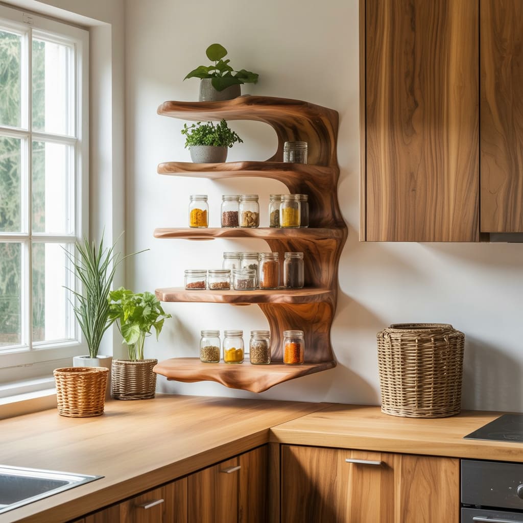 Sculptural wave spice rack handcrafted from solid wood with a 5-tier wall-mounted design