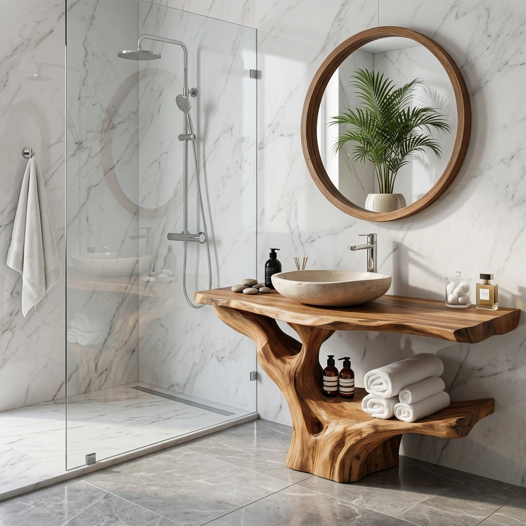 Tropical bathroom vanity crafted from natural hardwood
