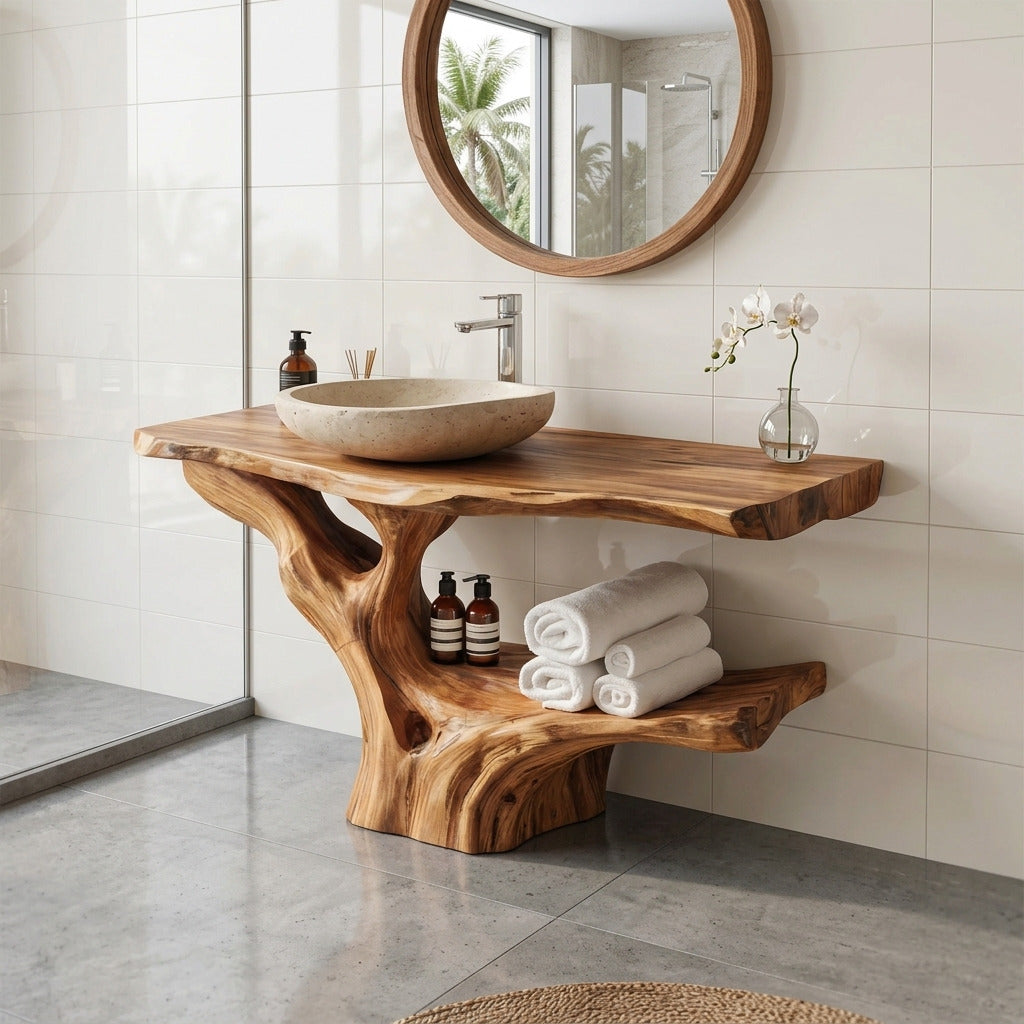 Handmade wooden bathroom vanity creating a spa-inspired interior