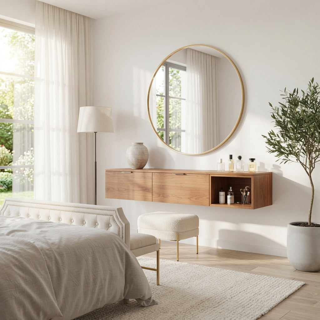 Minimalist wall mounted vanity console crafted from solid wood