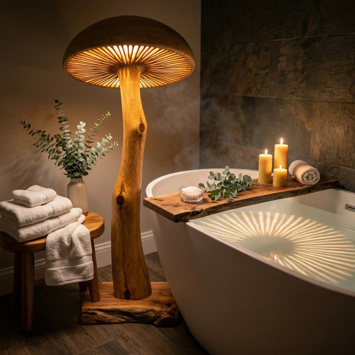 Solid wood mushroom floor lamp with sculpted log stem beside a modern bathtub and candles