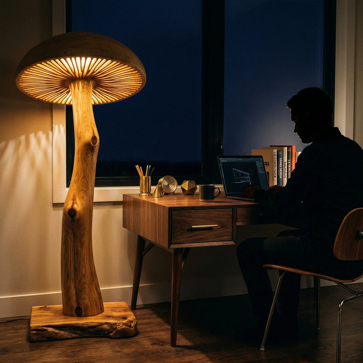 Solid wood mushroom floor lamp with sculpted log stem and wide illuminated cap next to a desk