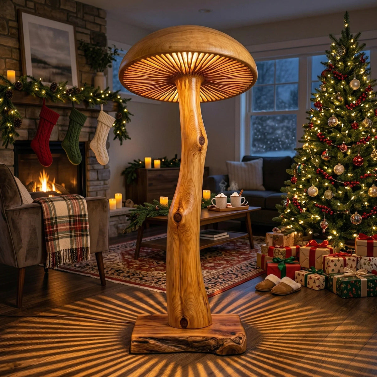 Solid wood mushroom floor lamp with sculpted log stem and wide glowing cap in cozy holiday living room
