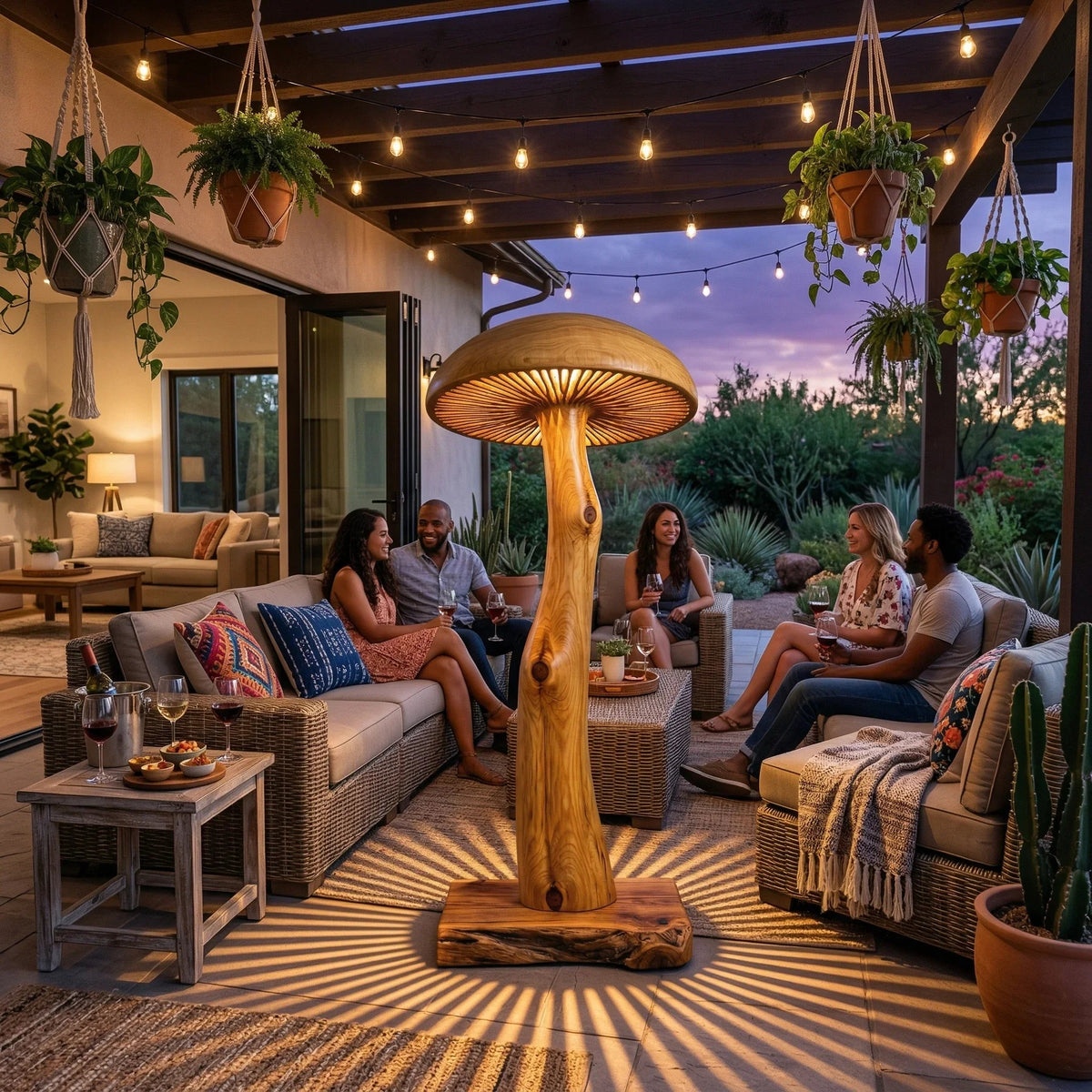 Solid wood mushroom floor lamp with sculpted log stem and wide illuminated cap on patio.