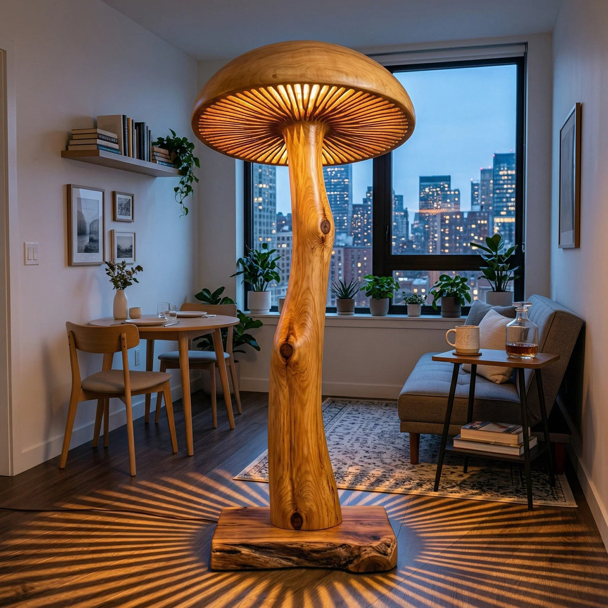 Solid wood mushroom floor lamp with sculpted log stem and glowing wide cap in a modern living room