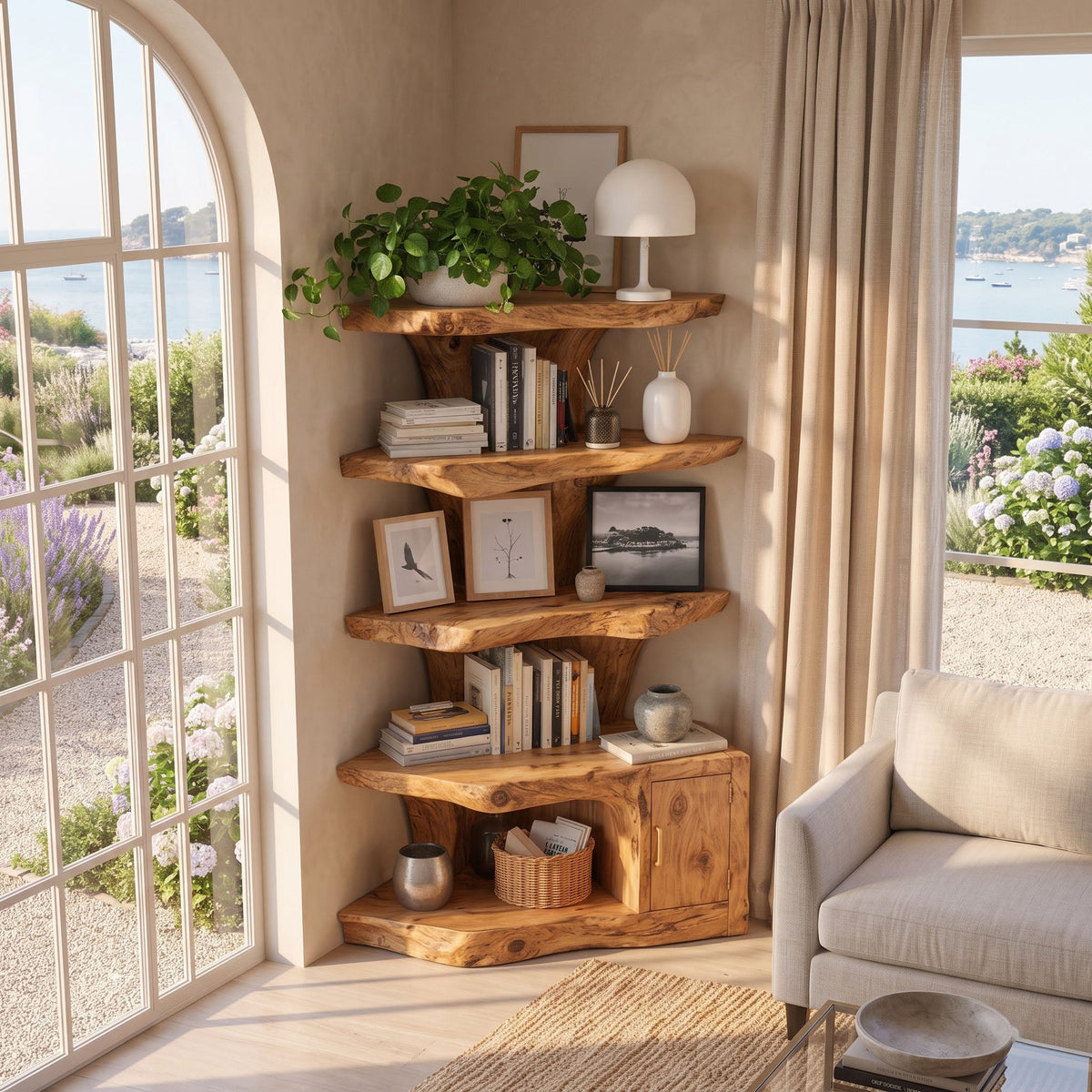 Contemporary solid wood corner bookcase with closed storage placed in a bright living room