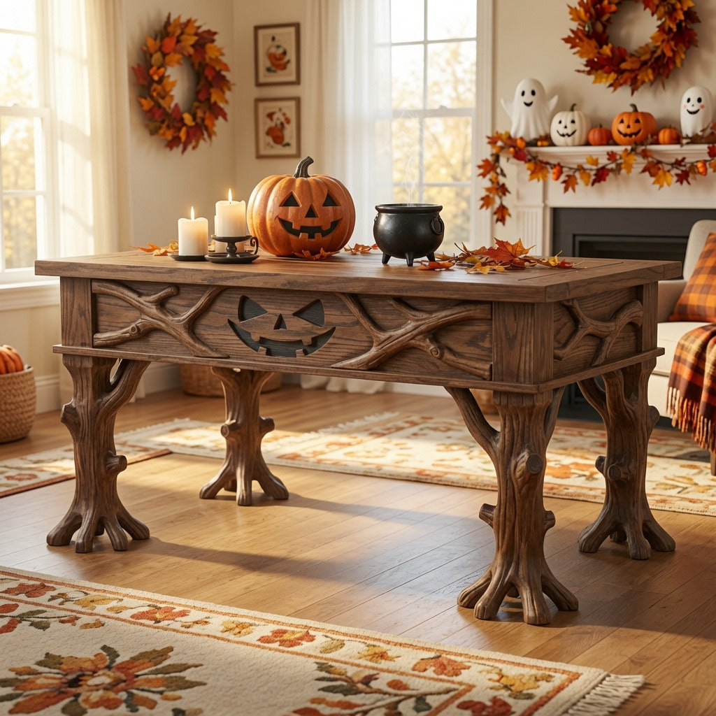 Rustic tree root coffee table creating a dramatic focal point in a modern farmhouse living room