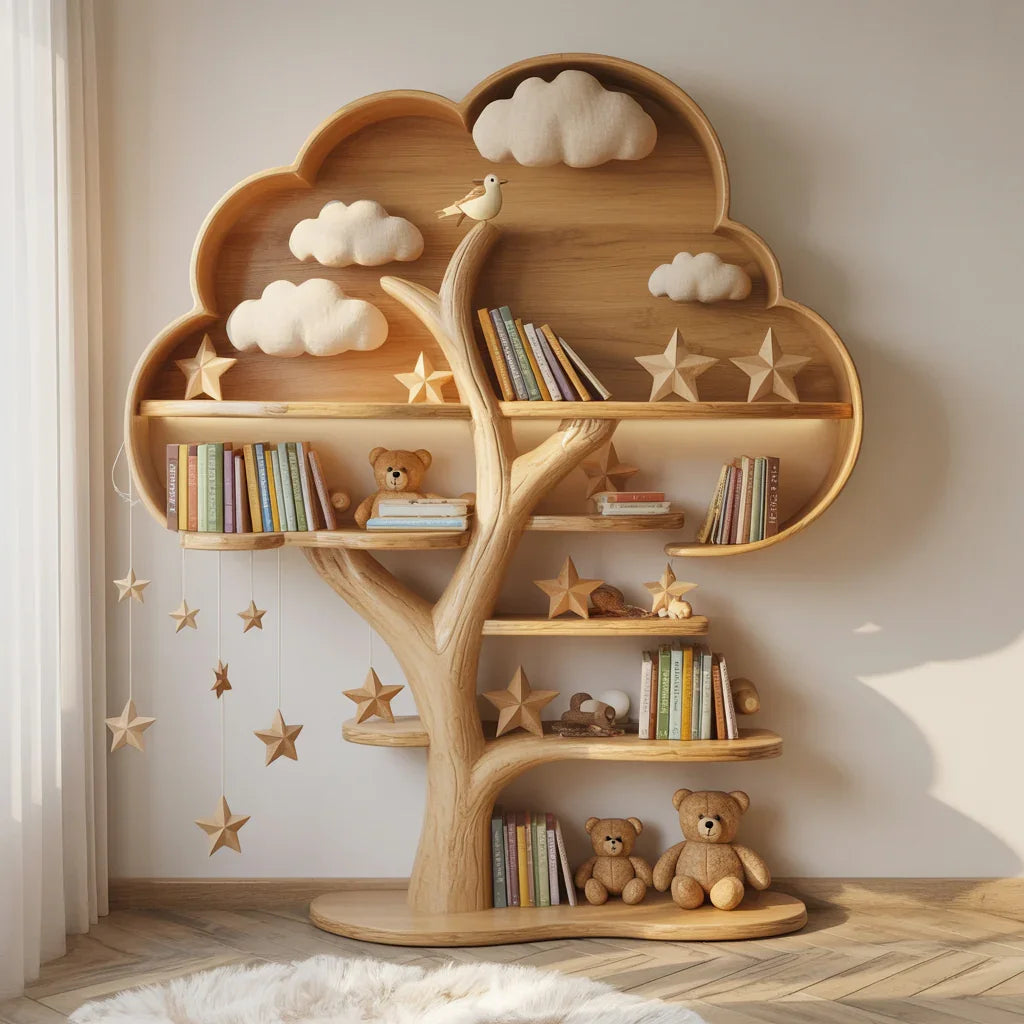 Solid wood kids tree bookshelf in nursery room with books and toys displayed on shelves