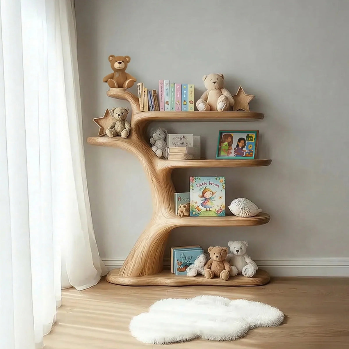 Handmade solid wood nursery shelf in kids room with books, toys, and natural decor elements