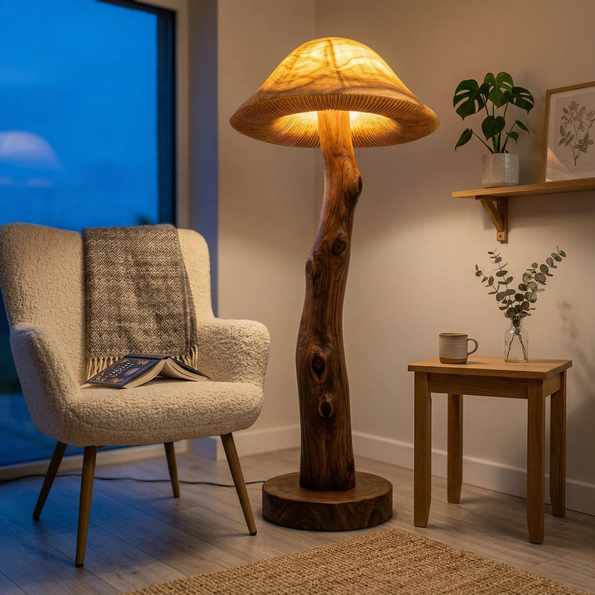 Translucent wood mushroom floor lamp with glowing cap, live edge log stem, and walnut base in cozy living room