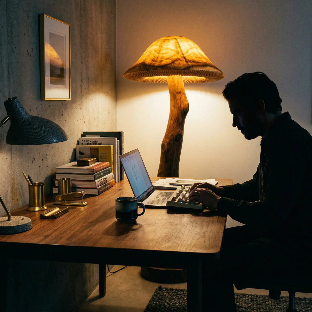 Translucent wood mushroom floor lamp with glowing cap and live edge log stem in home office