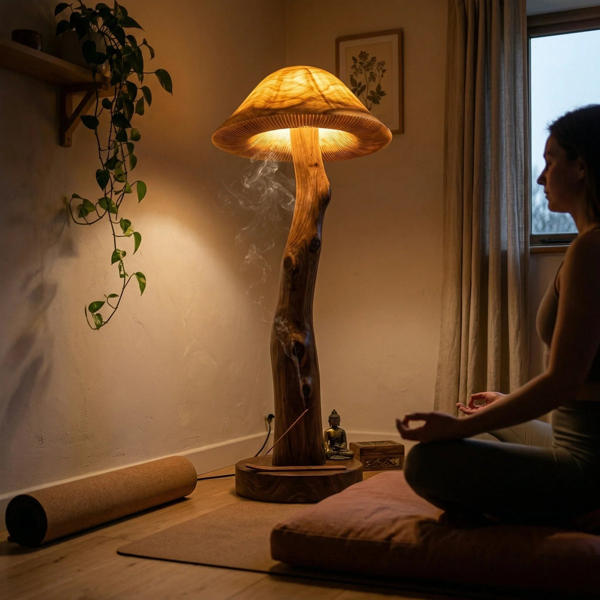 Translucent wood mushroom floor lamp glowing on live edge log stem with walnut base in cozy meditation room.