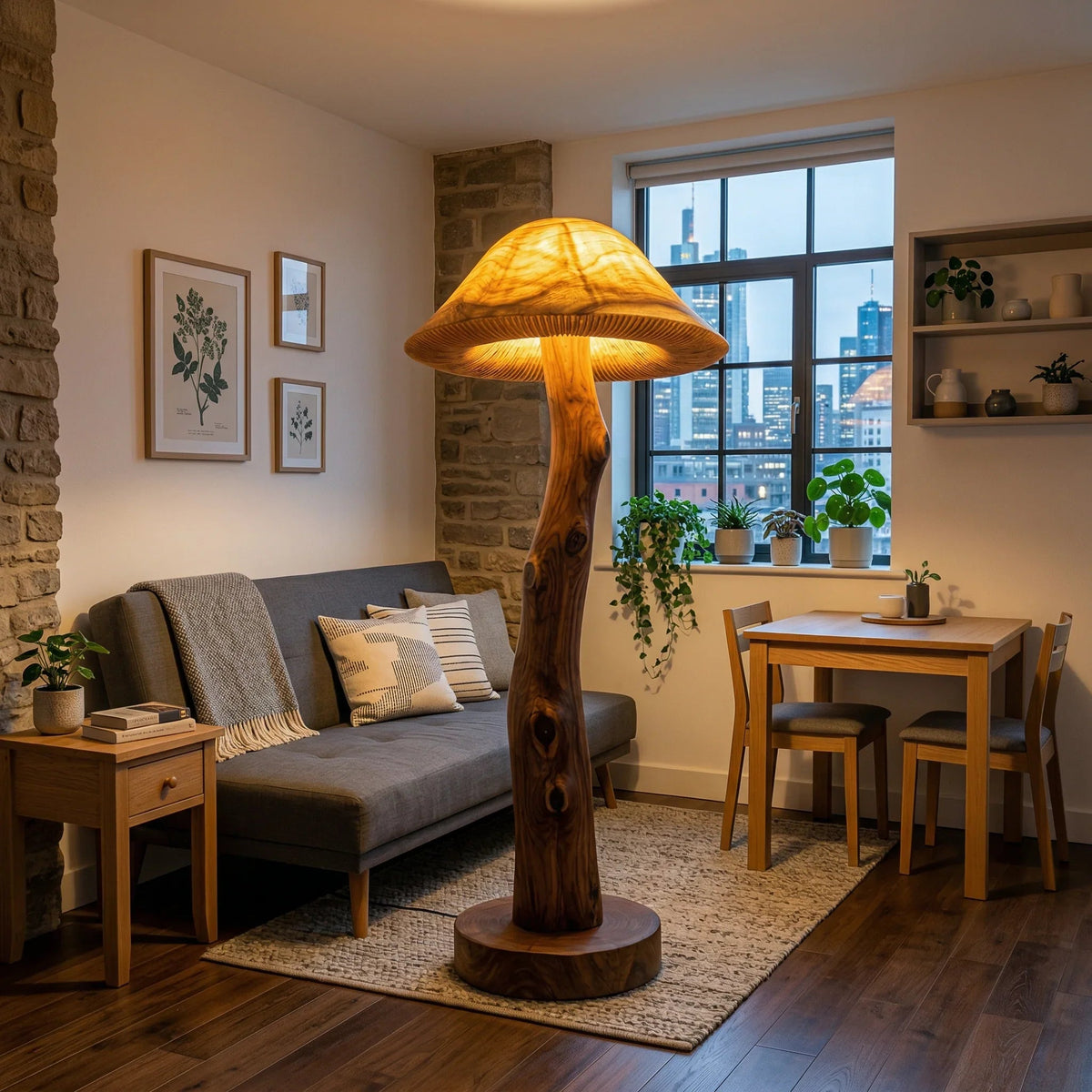 Translucent wood mushroom floor lamp with glowing cap and live edge log stem in cozy living room