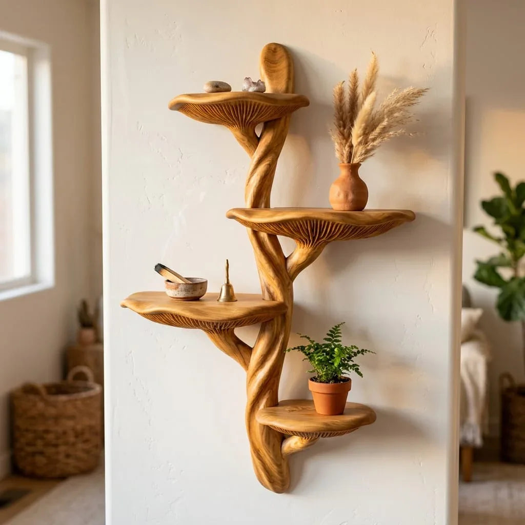 Braided Trunk Mushroom Wall Shelf with 4 Wavy Rim Platforms - Handcrafted Solid Wood Sculptural Floating Shelf with Intertwined Double Stem - Ashdeco 2026