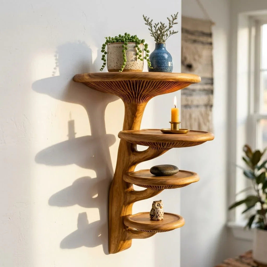 Helical Mushroom Wall Shelf with 4 Graduated Round Platforms - Handcrafted Solid Wood Spiral Staircase Floating Shelf with Front-Facing Gill Carving - Ashdeco 2026