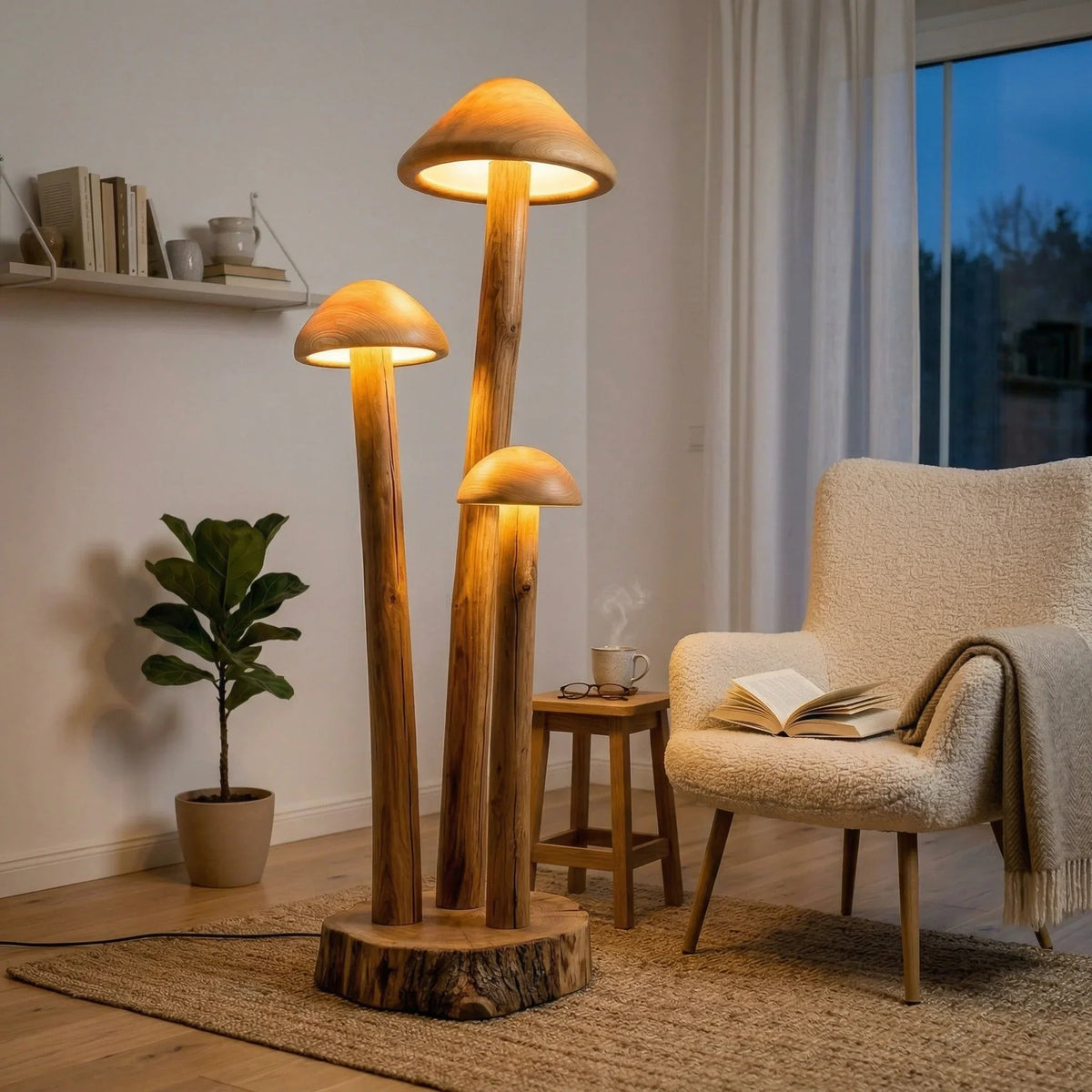 Triple mushroom cluster floor lamp with wooden stems and hollow dome shades in cozy living room