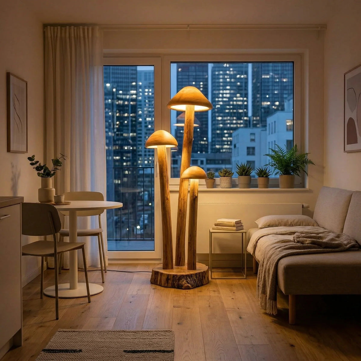 Triple mushroom cluster floor lamp with wood base in cozy modern living room at night