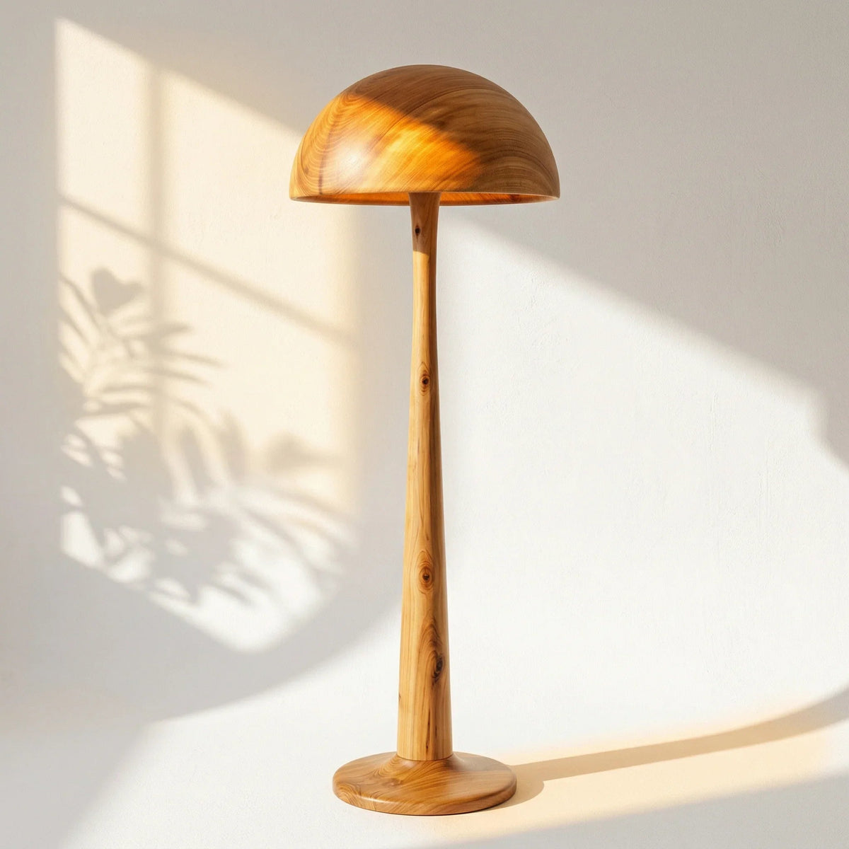 Solid wood mushroom floor lamp with dome cap and tapered stem on disc base in sunlight