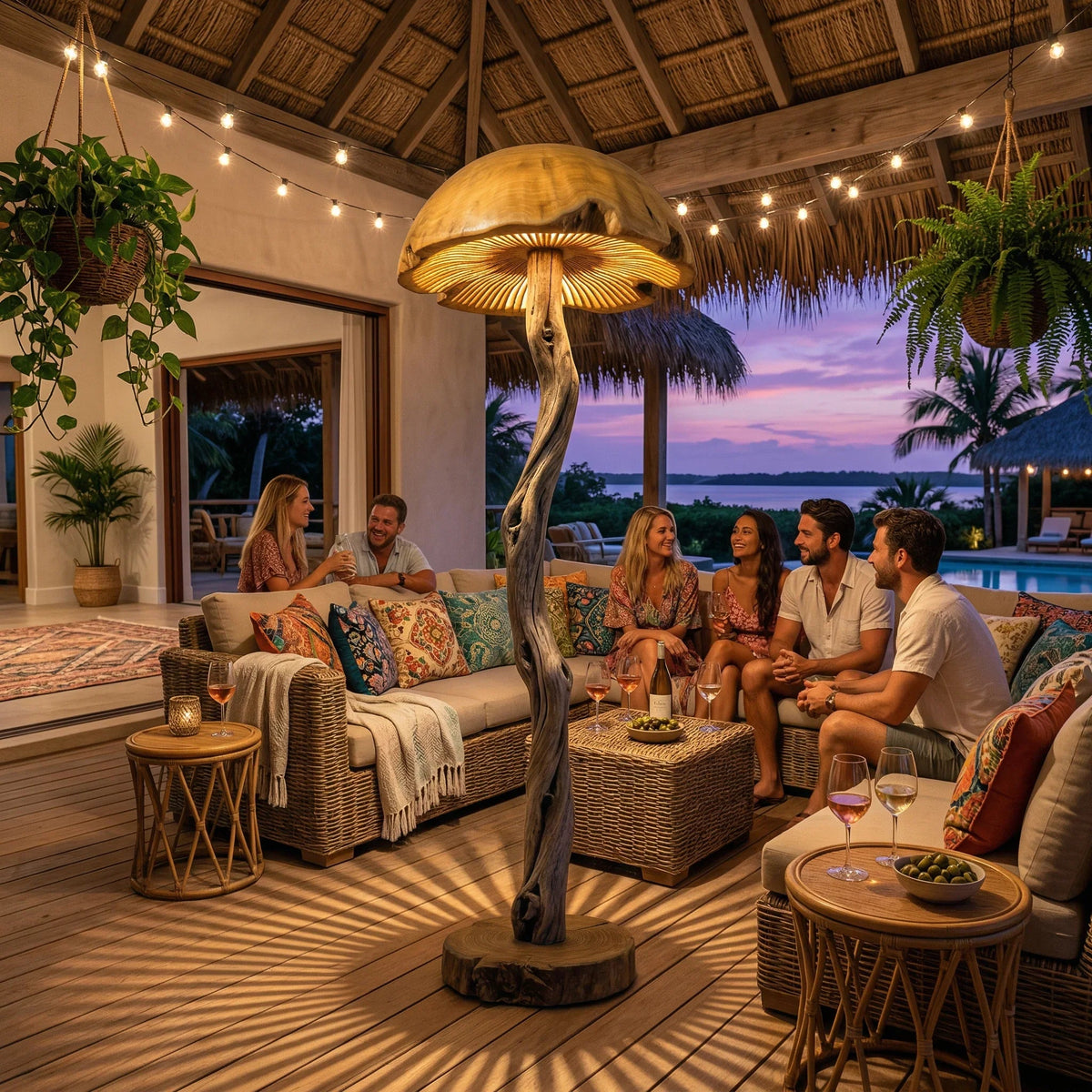 Twisted driftwood mushroom floor lamp with hand-carved wood dome glows on a patio lounge