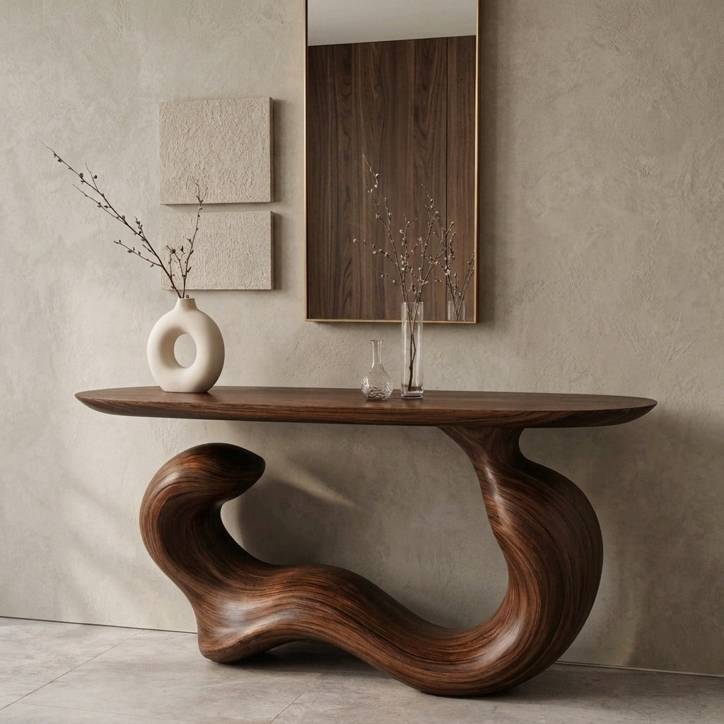 Japandi flowing console table crafted from solid wood