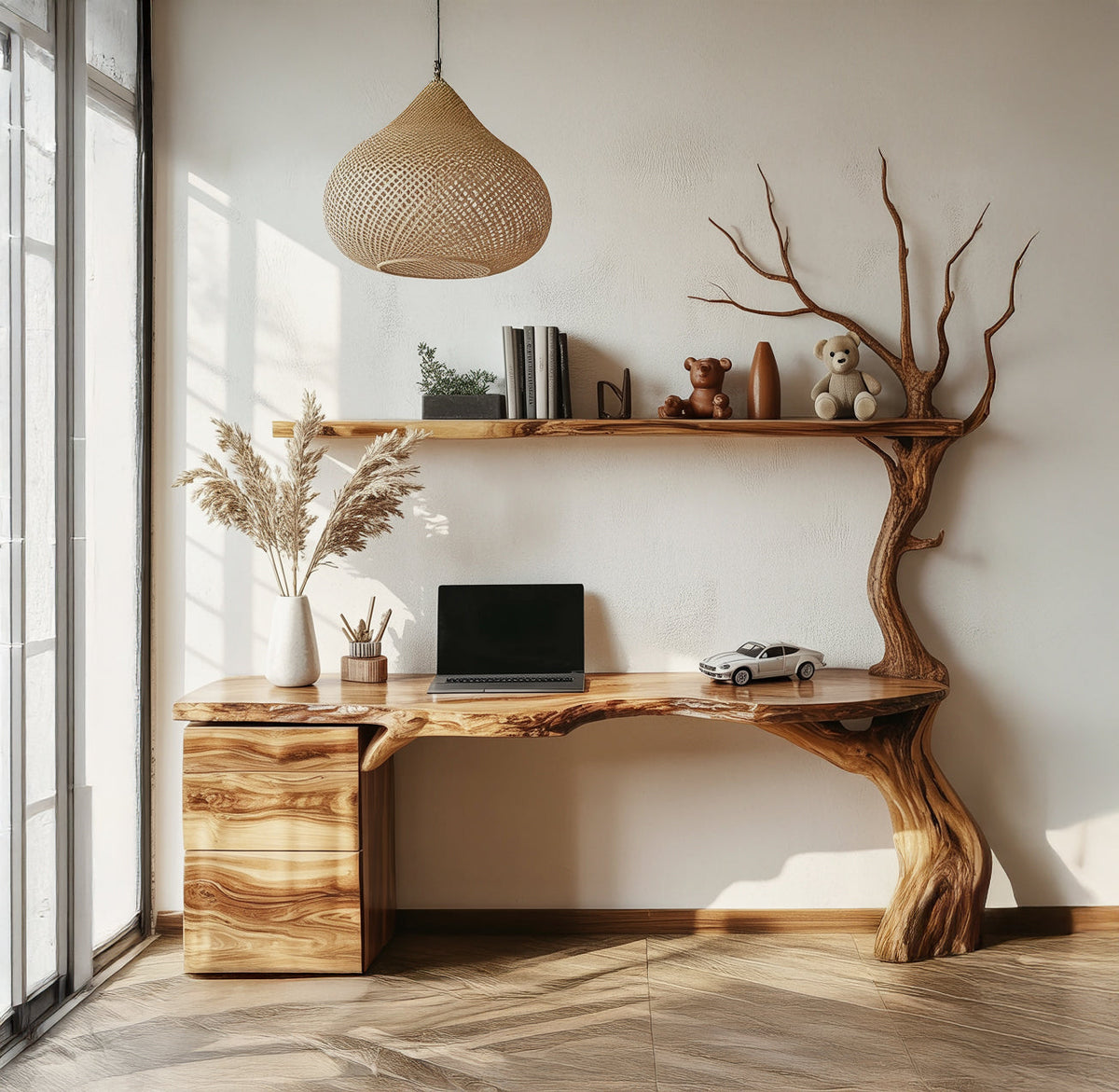 Live edge solid wood corner desk with artistic tree leg design