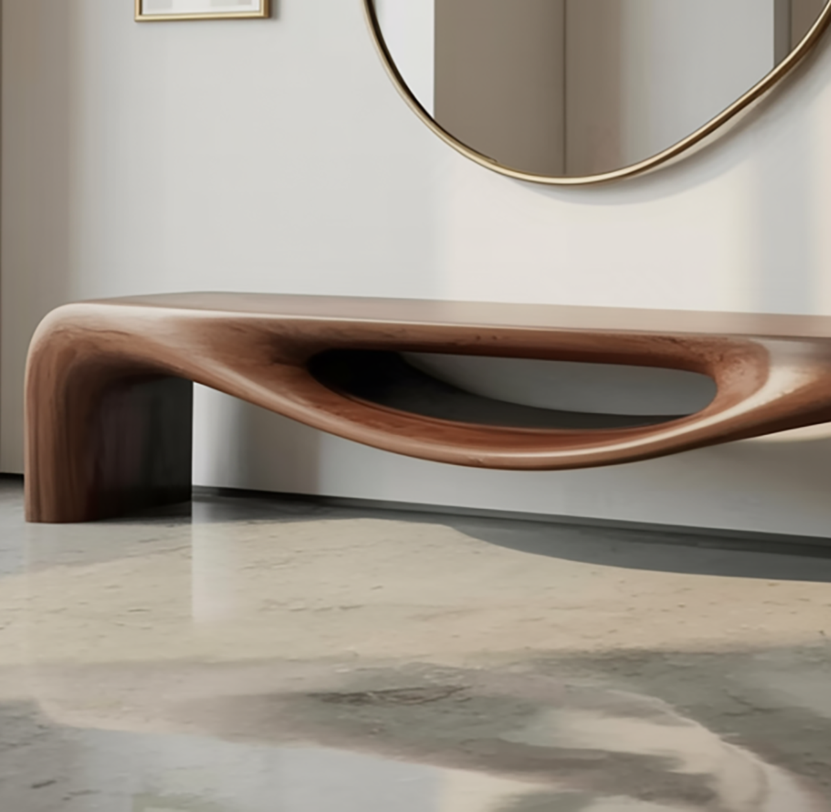 Sculptural wood seating bench for hallway or bedroom decor