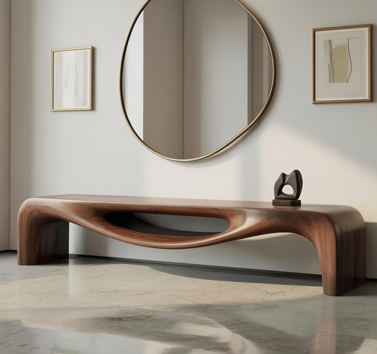 Handmade solid wood bench with artistic organic shape