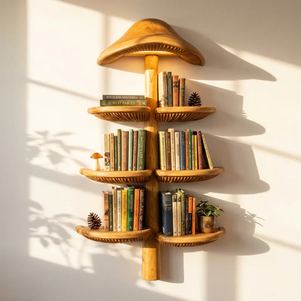 Floating mushroom shelves with built-in warm light casting shadows on a wall