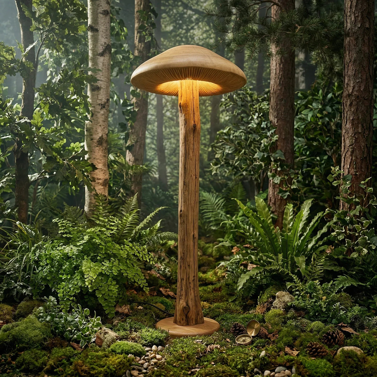 Wide parasol mushroom-inspired floor lamp with hand-carved wood and glowing gills in a forest