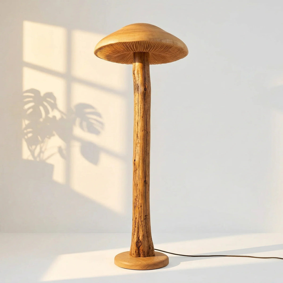Mushroom-inspired wooden floor lamp with hand-carved gills, round base, and rustic log stem