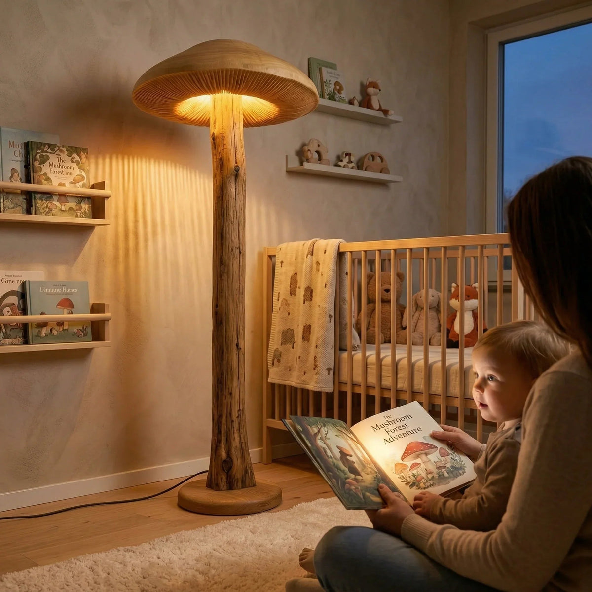 Wide parasol mushroom floor lamp with hand-carved gills, log stem, in cozy nursery