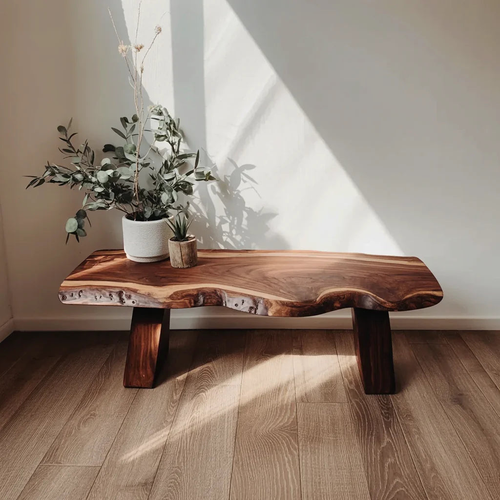 Minimalist solid wood bench for entryway with rustic design and natural wood grain