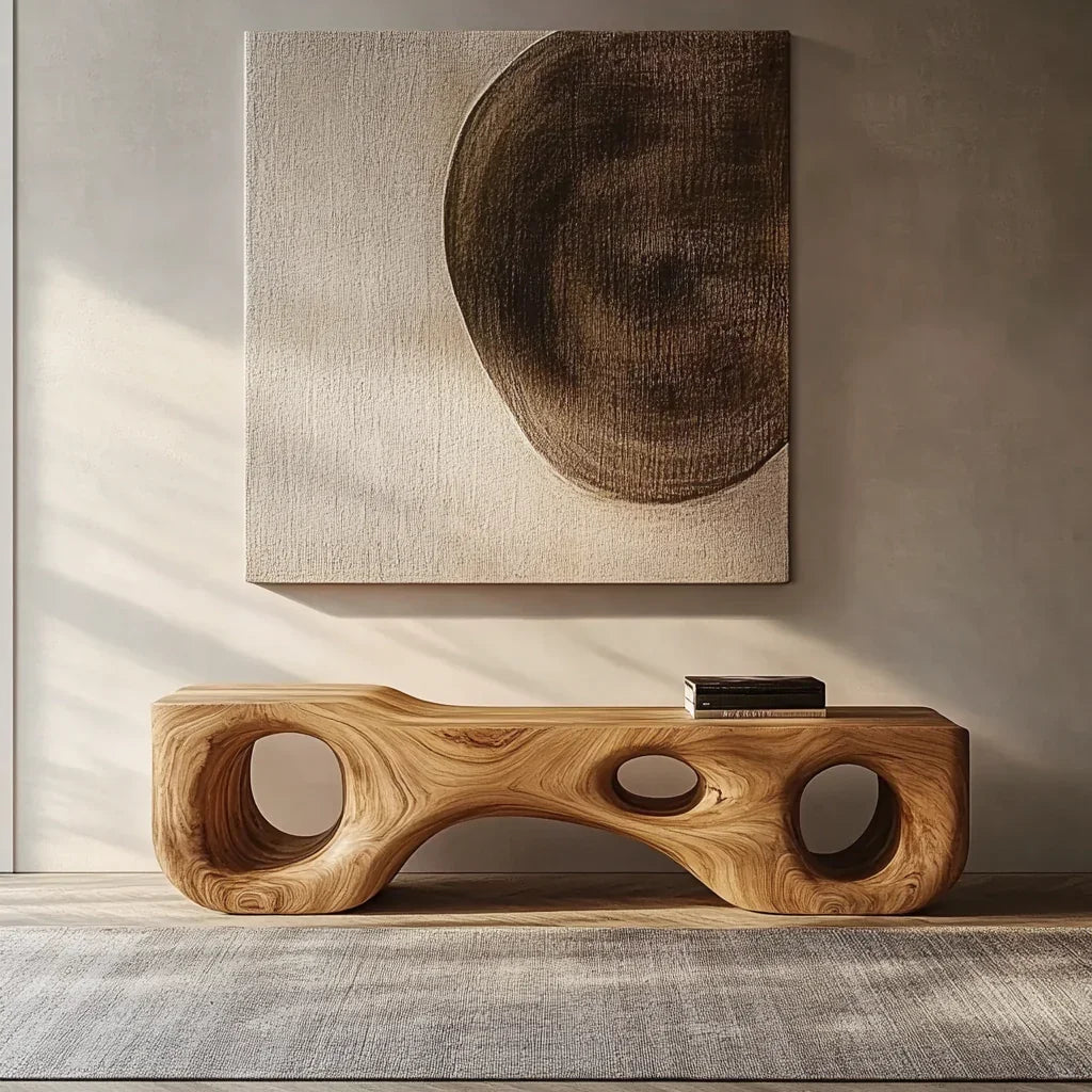 Handcrafted sculptural wooden bench for bedroom or entryway seating