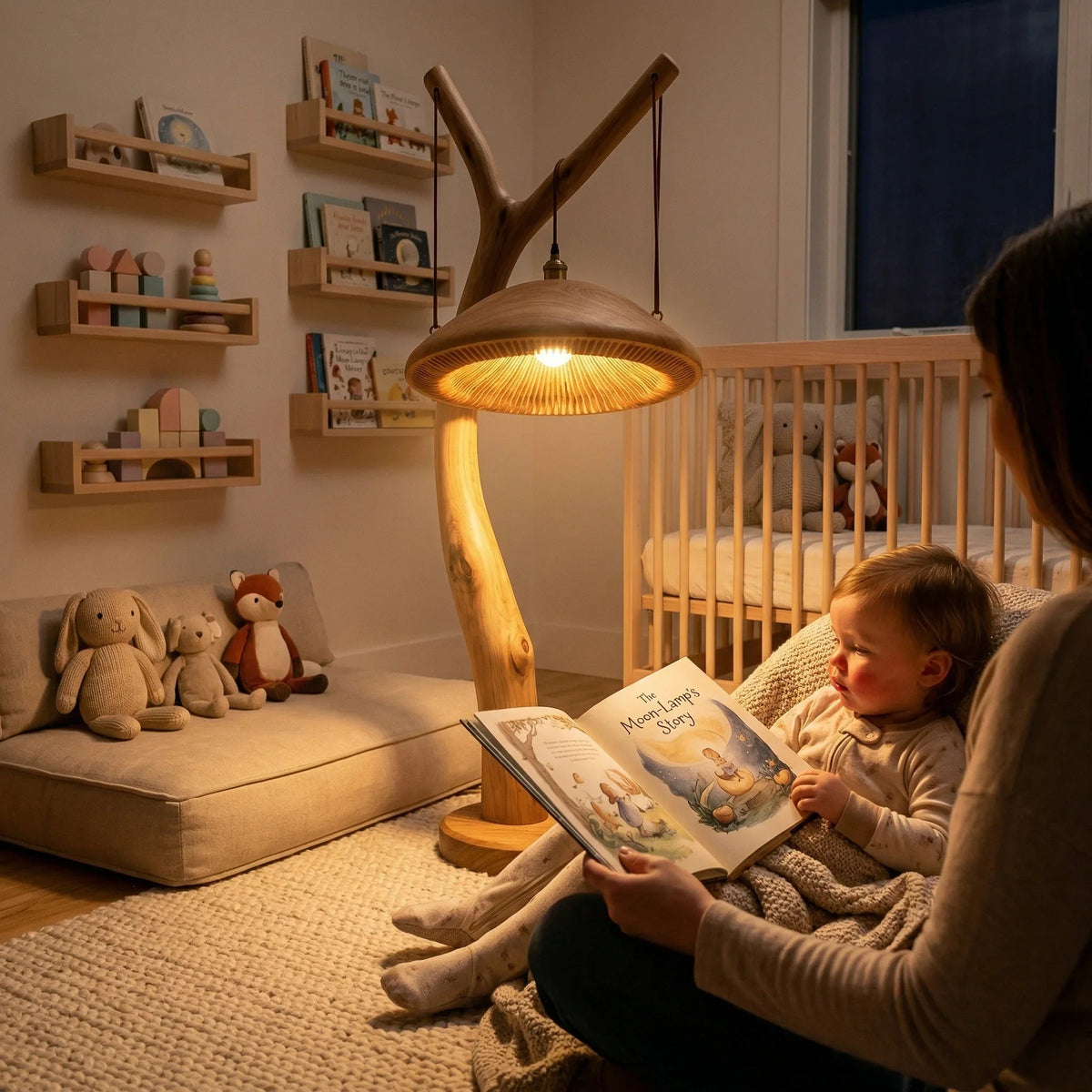 Solid wood sculpted mushroom floor lamp with pendant light in cozy nursery setting