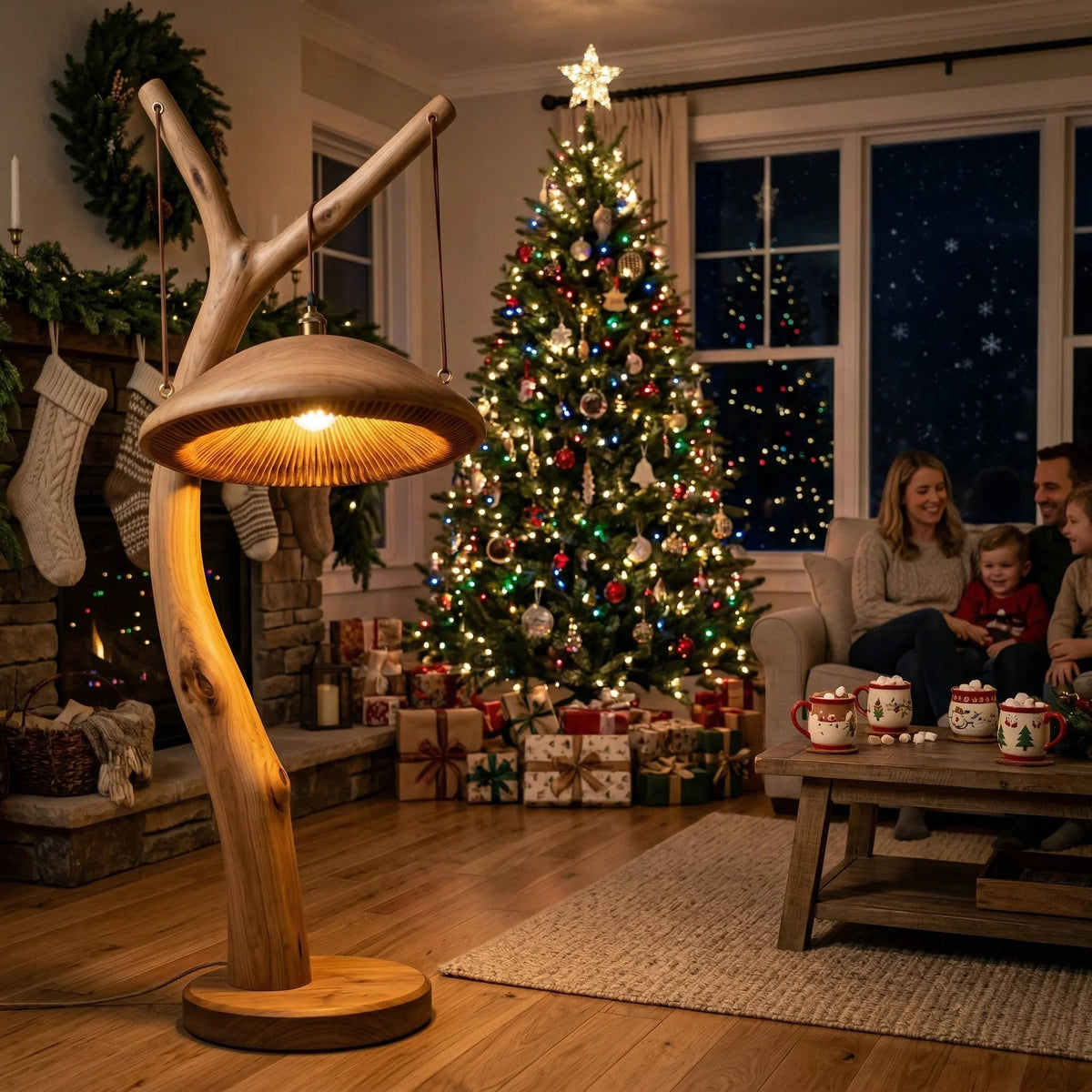 Solid wood mushroom floor lamp with sculpted base in cozy living room with Christmas tree