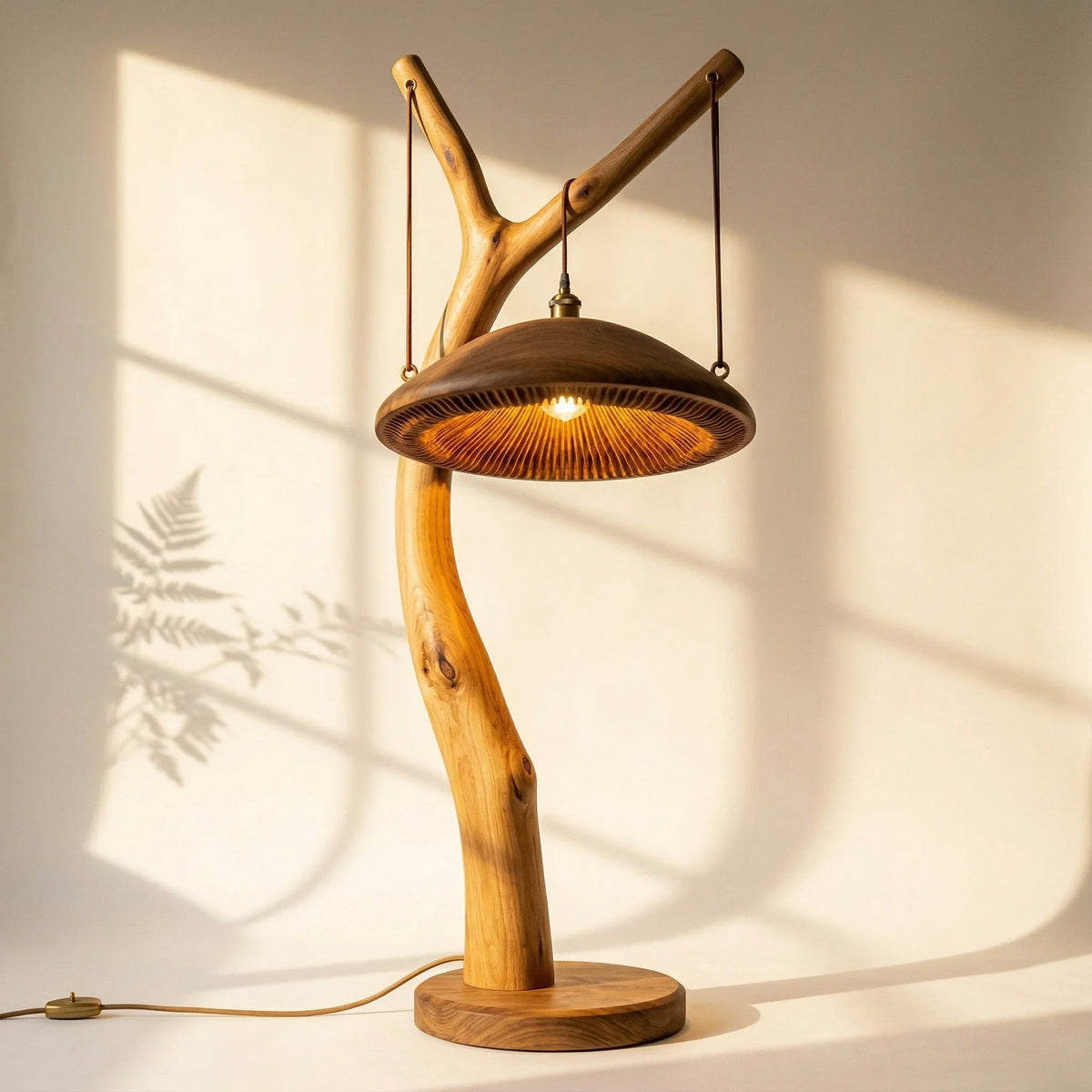 Solid wood sculpted floor lamp with branch design and mushroom-shaped pendant shade