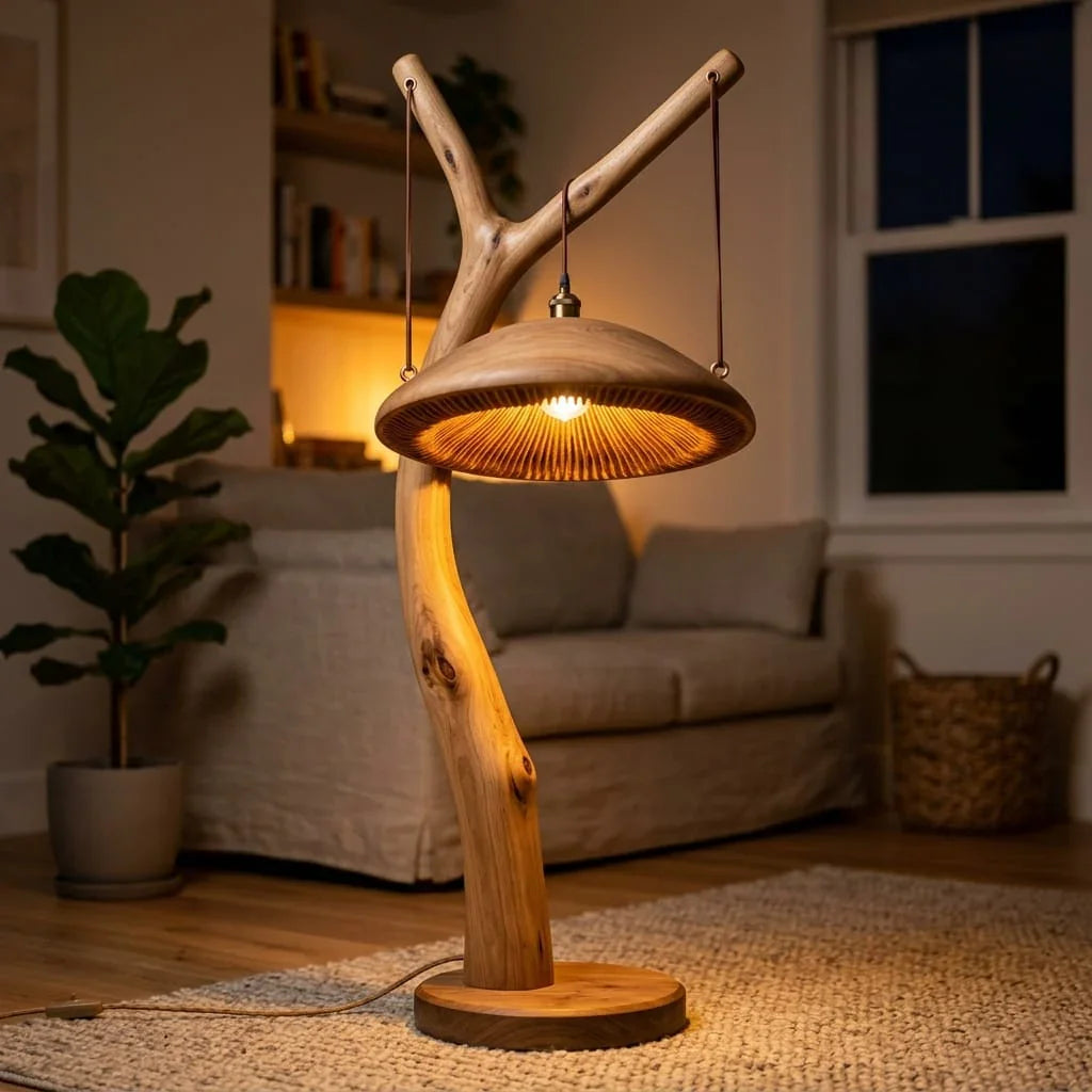 Solid wood mushroom floor lamp with sculpted branch stem and round base in cozy living room